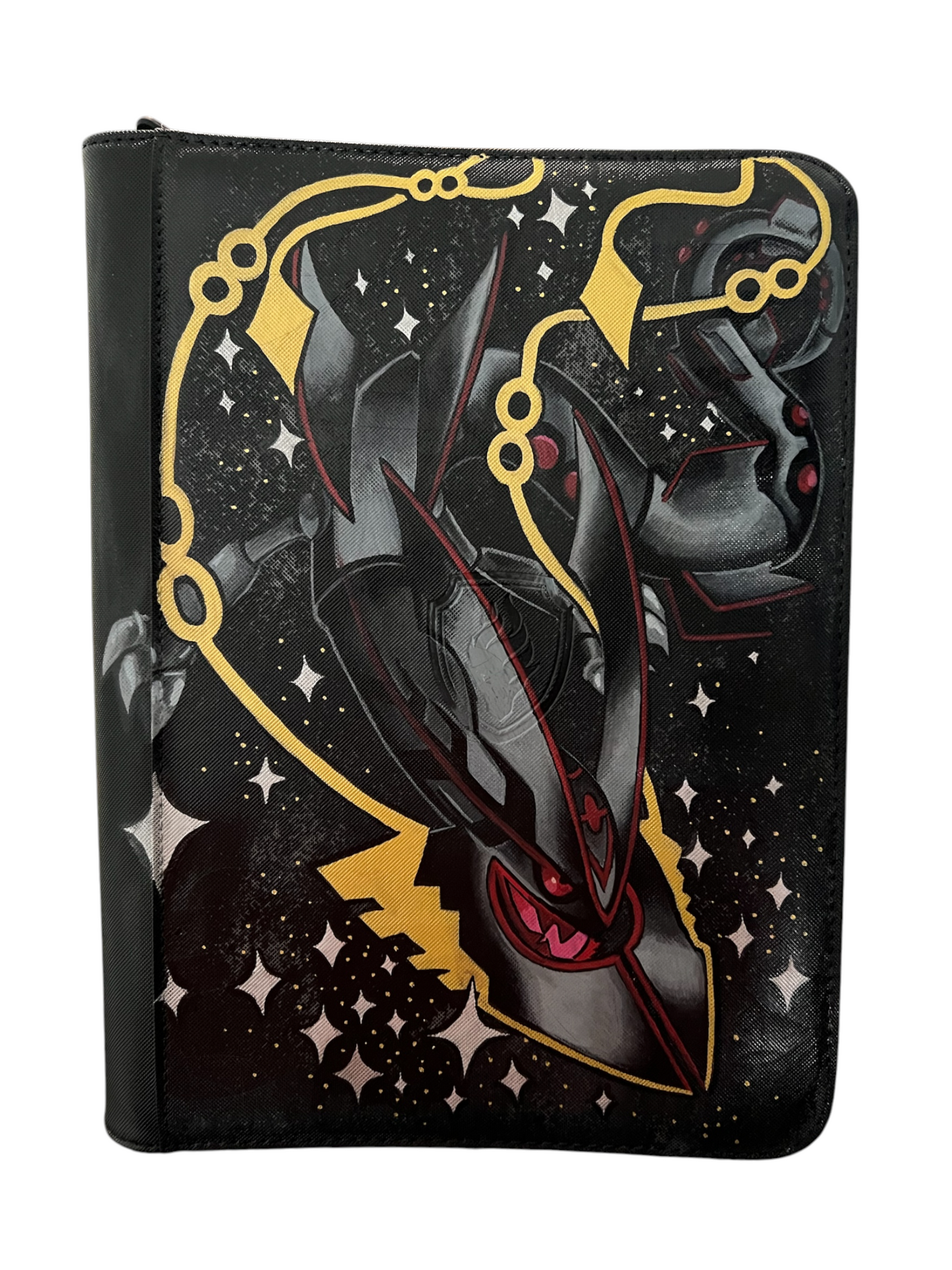 Dweeb Closet trading card binder featuring a black, yellow, and red dragon creature illustration on a starry background